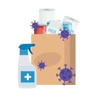 Flaschenspray-Desinfektionsmittel und Box mit Lebensmitteln vektor