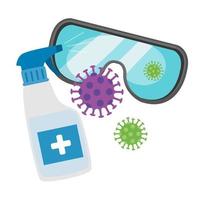Flaschenspray-Desinfektionsmittel mit isolierten Symbolen der Schutzbrille vektor