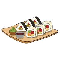 en uppsättning av sushi på en tallrik. vektor illustration på en vit bakgrund.