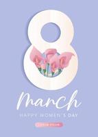 internationell kvinnors dag, 8 Mars baner design med siffra åtta, rosa calla liljor, choklad hjärtan, gåvor, band. romantisk blommig mors dag design för hälsning kort, affisch, vykort, flygblad. vektor