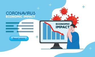 coronavirus 2019 ncov påverkar global ekonomi, covid 19 virus gör ner ekonomi, världsekonomisk påverkan covid 19, man och dator med ned inforgrafisk vektor