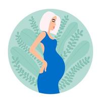 vektor gravid kvinna illustration. blond hår gravid kvinna. graviditet begrepp. moderskap, moderskap. grön löv bakgrund.