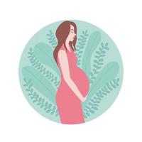 vektor gravid kvinna. kvinna innehar henne mage. vektor stock illustration. graviditet platt logotyp. annorlunda löv bakgrund.