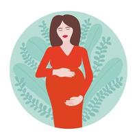 Vektor schwangere Frau. Frau hält ihren Bauch. Vektorvorratillustration. schwangerschaft flaches logo. verschiedene Blätter Hintergrund.