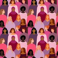 weibliche verschiedene gesichter unterschiedlicher ethnischer zugehörigkeit. Vektor nahtlose Zeichnung mit Frauen verschiedener Nationalitäten und Kulturen. Frauenkampf für Freiheit, Unabhängigkeit, Gleichheit.