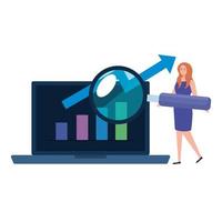 Frauenstatistik in Laptop-, Infografik- und Diagrammelementen, Finanzstatistikbericht, mobile App-Technologie vektor