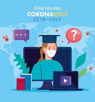 online-utbildningsråd för att stoppa spridning av coronavirus covid-19, lärande online, kvinna med bärbar dator och dator vektor