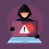 Hacker und Laptop mit Warnschild während der Covid 19-Pandemie