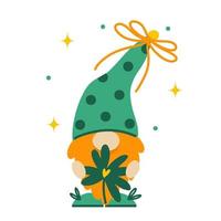 en söt rödskäggig dvärg- innehar en quatrefoil i hans händer för Bra tur. irländsk gnome i en hatt med polka prickar, med en klöver blad. rolig pyssling, symbol av st. Patricks dag. isolerat på vit vektor