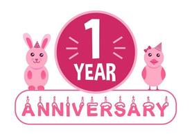 1. Geburtstag. Banner zum einjährigen Jubiläum mit rosafarbenem Tierthema für Kinder. vektor