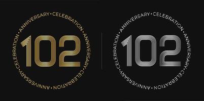 102:a födelsedag. ett hundra och två år årsdag firande baner i gyllene och silver- färger. cirkulär logotyp med original- tal design i elegant rader. vektor