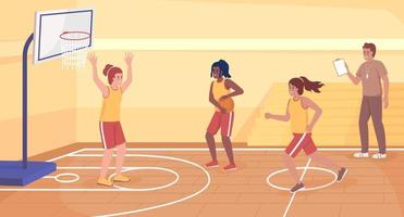 Sportverein in der Schule flache Farbvektorillustration. sportliche mädchen, die zusammen basketball spielen. sportliche Aktivitäten der Oberstufe. vollständig bearbeitbare einfache 2d-zeichentrickfiguren mit fitnessstudio im hintergrund vektor