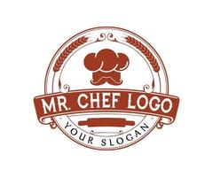 Verziertes Typografie-Logo-Design des Küchenrestaurants Vintage mit Kochmützensymbol vektor