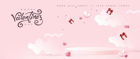 valentinstaghintergrund mit herzförmigen luftballons und textdesign auf podiumsanzeige vektor