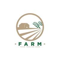 bruka hus begrepp logotyp. mall med lantlig landskap. etiketter för naturlig jordbruks Produkter. vektor illustration.