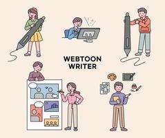 Webtoon-Karikaturisten. leute, die große digitale stifte halten. Comicseite und Autor erklären. ein Werkzeug zum Zeichnen von Cartoons. vektor