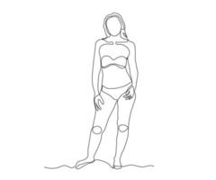 abstrakt flicka, a kvinna utan en ansikte stående i en baddräkt eller underkläder, ritad för hand, kontinuerlig mono linje, ett linje konst, kontur teckning vektor