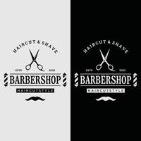 barbershop-logo-vorlage im vintage-stil mit dem konzept von scheren, rasierern und anderen werkzeugen.logo für geschäft, salon, etikett und friseursalon. vektor