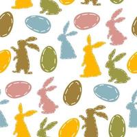ein Muster aus farbigen Osterhasen und Eiern. Die Konturen von Hasen und Eiern sind entlang der Kante gestickt. kaninchen oder hase, ein festliches frühlingstier für ostern. Cartoon-Vektor aus Stoff. Verpackung vektor
