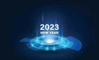 frohes neues jahr 2023 feier mit bule licht abstrakte uhr auf futuristischem technologiehintergrund, countdown-konzept. vektor