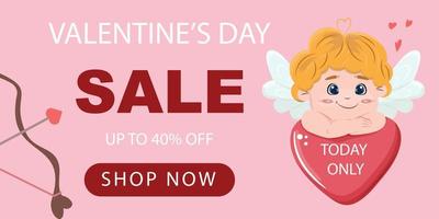 annons mall för Lycklig valentines dag med en söt cupid och en rosett. för kort, kuponger, banderoller. bakgrunder, kampanjer. vektor mall med de förtjusande Amor.