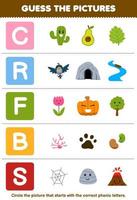 utbildning spel för barn gissa de korrekt bild för akustisk ord den där börjar med brev c r f b och s tryckbar natur kalkylblad vektor