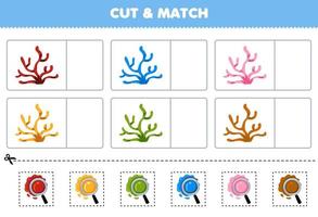 bildungsspiel für kinder schneiden und passen sie die gleiche farbe des druckbaren naturarbeitsblattes der niedlichen cartoonkoralle an vektor