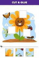 Bildungsspiel für Kinder Schneiden und kleben Sie Teile einer niedlichen Cartoon-Blume, die von Käfern umgeben ist, und kleben Sie sie auf ein druckbares Naturarbeitsblatt vektor