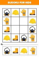 Lernspiel für Kinder Sudoku für Kinder mit niedlichem Cartoon-Masker-Stiefel-Helm-Handschuh-Werkzeug-Arbeitsblatt zum Ausdrucken vektor