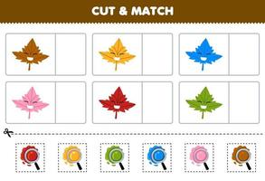 utbildning spel för barn skära och match de samma Färg av söt tecknad serie lönn blad tryckbar natur kalkylblad vektor