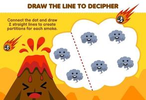Lernspiel für Kinder Helfen Sie dem niedlichen Vulkan, die Linien zu zeichnen, um das druckbare Naturarbeitsblatt Rauch zu trennen vektor