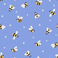 Blumeninsektenmuster nahtloses Stoffdesign mit einfacher floraler fliegender Biene auf blauem Hintergrund. süße handgezeichnete sommervorlage wiederholte textildesign stoff tapeten wickelpapier. Bienenillustration vektor