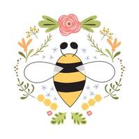 bi märka design. begrepp för organisk honung Produkter, paket design, skriva ut, symbol, bricka. söt blommor löv bi vaxkaka isolerat på vit. ljus sommar färger. söt djur- illustrationer. vektor