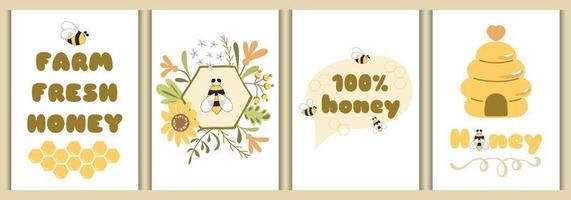 Honig-Poster-Set. Sammlung von Bienen-Typografie-Bannern. Entwurfsvorlage für Honigbienenkarten. hive biene blumenrahmen blumen waben dachte. text farm frischer honig bio. druckbare gelbe Abbildung. vektor