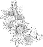 solros teckning hand dra blomma vas illustration, vektor skiss, penna konst, dekorativ bukett av blommig färg sida, och bok isolerat på vit bakgrund ClipArt.