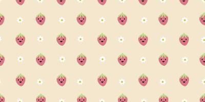 süße erdbeere und blume im musterhintergrunddesign. niedliche erdbeercharakterillustration für kinder vektor