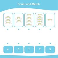 Arbeitsblatt zählen und abgleichen. Zählspiel. Mathe Arbeitsblatt für Kinder. übereinstimmende Bilder mit Zahlen. pädagogisches druckbares mathe-arbeitsblatt. Vektor-Illustration. vektor