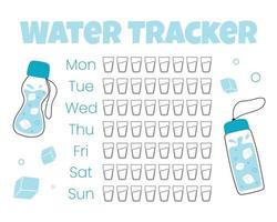 Wasser-Tracker-Vektorvorlage. . Checkliste Trinkwasser. Wassertracker mit kühler Wasserflasche. Vektor-Illustration. Doodle-Stil. vektor