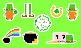 uppsättning klistermärke för st. Patricks dag. pyssling, ben, hästsko, vitklöver, regnbåge, kittel med mynt, kalender, hatt. vektor illustration,
