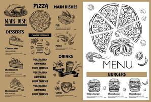 menyrestaurangbroschyr. flygblad med handritad grafik. vektor