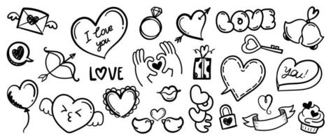 satz des valentinstag-doodle-elementvektors. handgezeichnete Sammlung im Doodle-Stil aus Herzform, Vogel, Brief, Handzeichen, Schlüssel, Cupcake, Geschenk, Ring. design für druck, cartoon, karte, dekoration, aufkleber. vektor