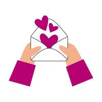 valentines dag romantisk illustration med hjärtan. människor hand håll kärlek brev i öppnad kuvert vektor ClipArt. 14 februari Semester.