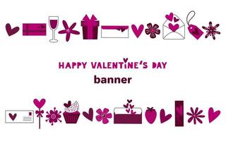 valentinstag romantisches banner mit liebeselementen. herzen, blumen, geschenke, briefe, kuchen, süßigkeiten, süßigkeiten, tag girlandenkette. 14. Februar Feiertag. vektor