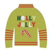 Holly Jolly Schriftzug Zitat mit Weihnachtsstock auf hässlichem Pullover. Weihnachtsgrußkarte mit Wünschen. gemütliches warmes winterkonzept. flache vektorillustration. vektor