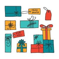 weihnachtsgeschenke mit tags clipart. winter und neujahr verpackte geschenke in schachteln mit bändern und schleifen. hand gezeichneter gekritzelvektorsatz. vektor