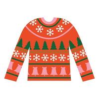 weihnachtlicher hässlicher gemütlicher warmer pullover mit baumschmuck, schneeflocken und glocke. neujahrskleidung mit winterurlaubssymbolen. vektor