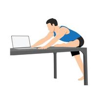 Mann beim Training im Büro Taubenhaltung auf der Schreibtisch-Yoga-Übung, flache Vektordarstellung isoliert auf weißem Hintergrund. vektor
