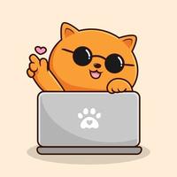 orangefarbene Katze, die Laptopkarikatur spielt - coole Brille der orangefarbenen Pussykatze mit Liebeshandvektor vektor