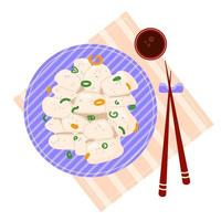 Jakobsmuschel-Sashimi mit Sesamsamen, Togarashi-Shichimi, Frühlingszwiebeln und Peperoni. Jakobsmuschelgericht mit Sojasauce und Essstäbchen. asiatisches Essen. farbige flache vektorillustration vektor