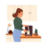 glückliche frau, die zu hause kaffee mit maschine in der küche kocht. hübsches mädchen, das heißes getränk zum frühstück gießt. tägliche Morgenroutine. flache vektorillustration lokalisiert auf weißem hintergrund vektor